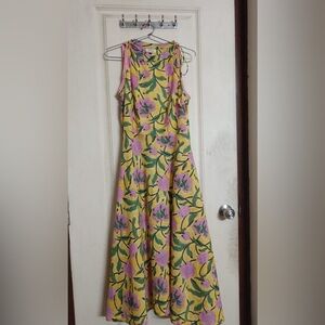 Yellow Maxi Cotton Dress with Pink Floral Block Print